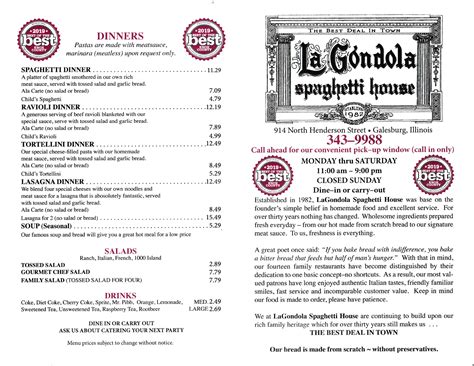 1 309-343-9988. . La gondola spaghetti house galesburg menu